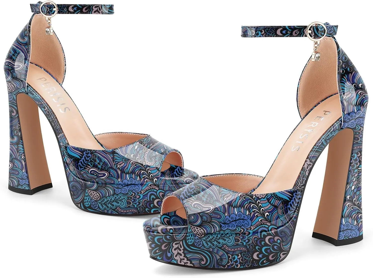 Women's Chunky Platform Heels Patent Leather Block Heeled Sandals Open Peep Toe Dressy Shoes with Ankle Strap Buckle and Rhinestone for Ladies Sexy Summer 5 Inch