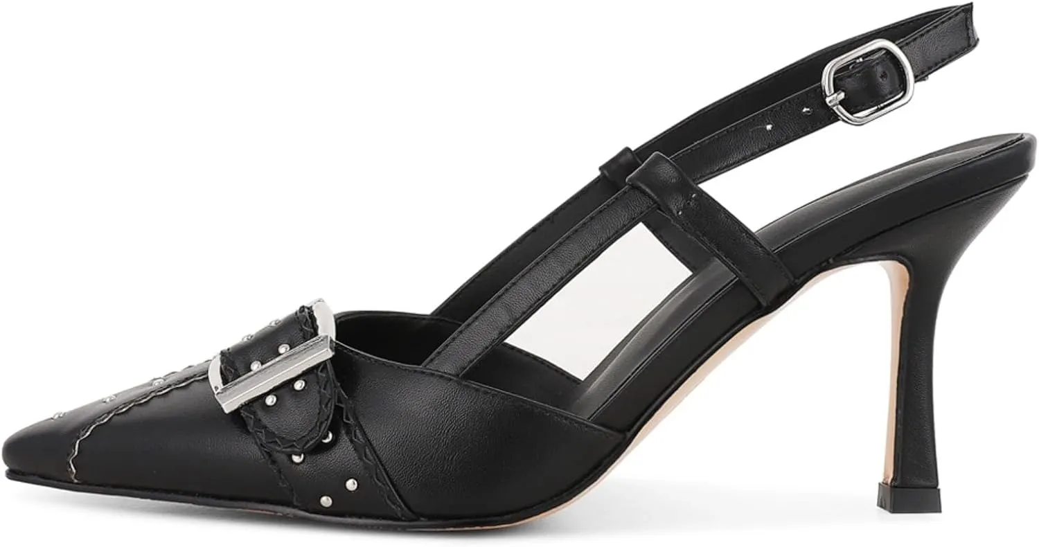 Womens Closed Pointed Toe Slingback Stiletto Kitten Heels Studded Sandals with Buckle Dress Formal Shoes