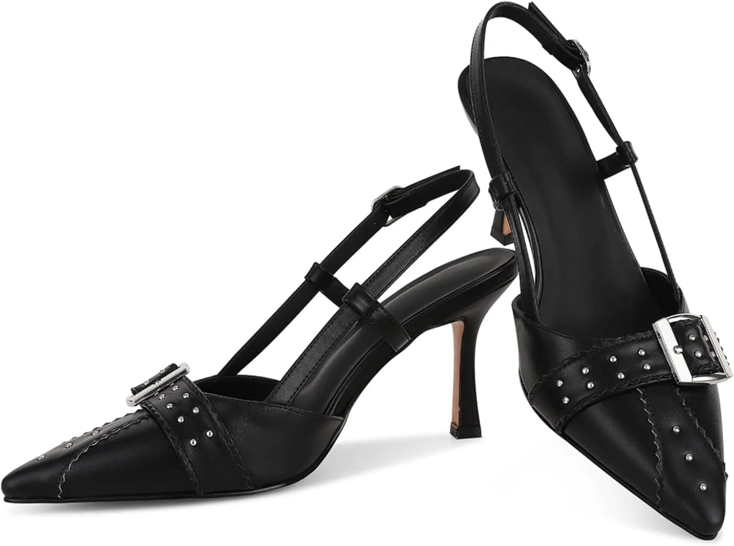 Womens Closed Pointed Toe Slingback Stiletto Kitten Heels Studded Sandals with Buckle Dress Formal Shoes