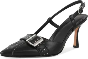 Womens Closed Pointed Toe Slingback Stiletto Kitten Heels Studded Sandals with Buckle Dress Formal Shoes