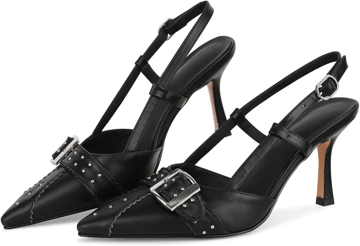 Womens Closed Pointed Toe Slingback Stiletto Kitten Heels Studded Sandals with Buckle Dress Formal Shoes