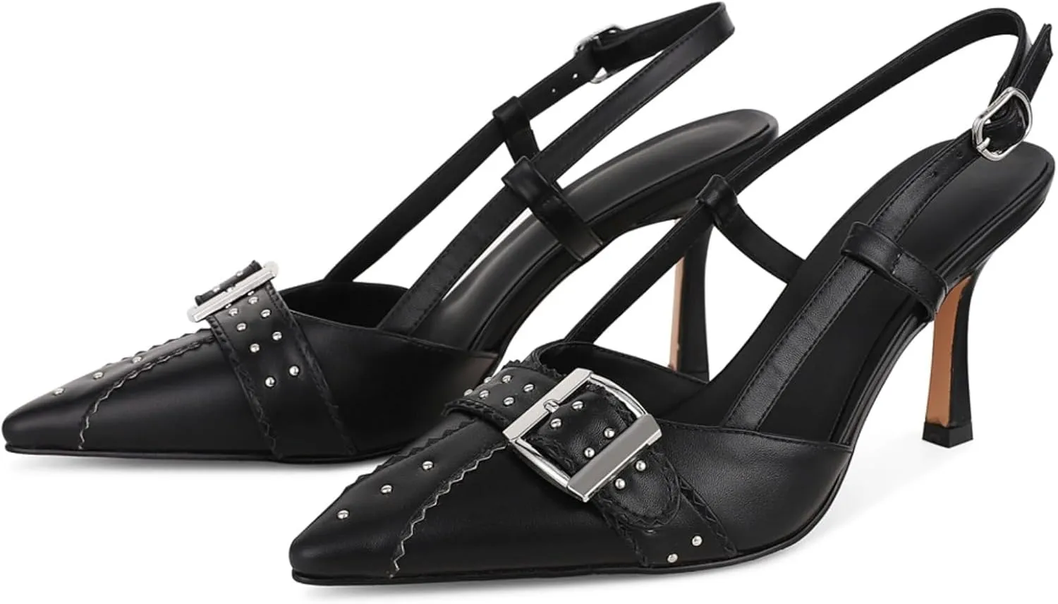 Womens Closed Pointed Toe Slingback Stiletto Kitten Heels Studded Sandals with Buckle Dress Formal Shoes