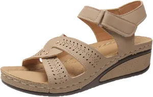 Women's Comfortable Dressy Flats Sandals Open Toe One Band Casual Walking Summer Slingback Perforated Upper Orthopedic 3D Flower Decorative Ankle Strap Arch Support Wedge Platform Sandal