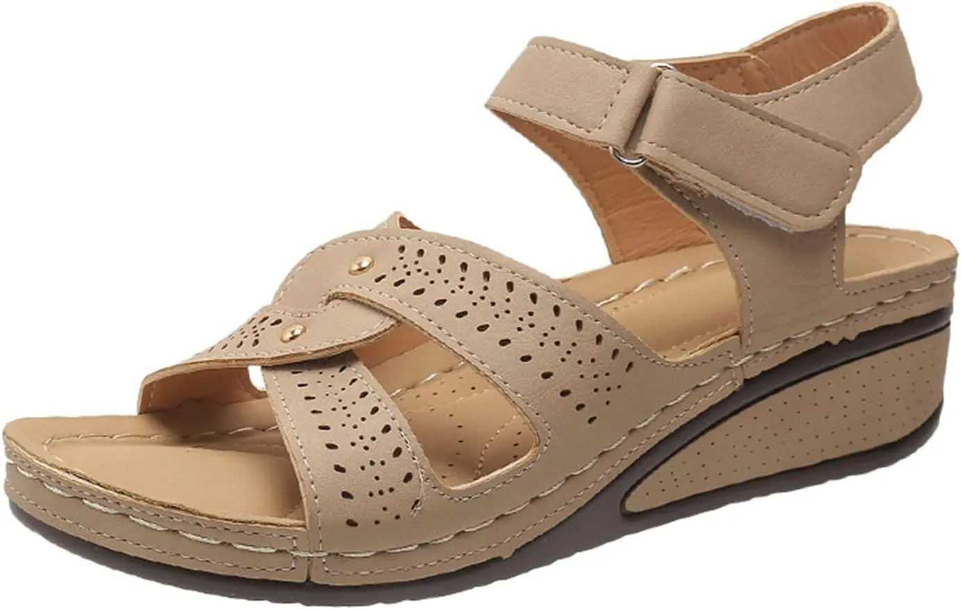 Women's Comfortable Dressy Flats Sandals Open Toe One Band Casual Walking Summer Slingback Perforated Upper Orthopedic 3D Flower Decorative Ankle Strap Arch Support Wedge Platform Sandal