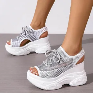 Women's Comfortable Walking Sandals Platform Sport Orthopedic Sandals with Arch Support Air Cushion Wedges Sandals Breathable Knit Open Toe Platform Sandals Washable Slingback Summer Shoes