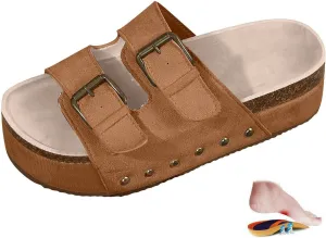 Women's Cork Platform Sandals Comfortable Cork Footbed Studded Flatform Sandals Adjustable Buckle Straps Flat Clogs Slide Sandals