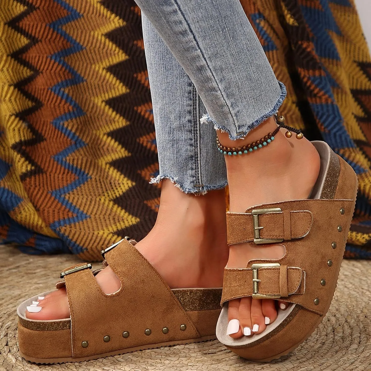 Women's Cork Platform Sandals Comfortable Cork Footbed Studded Flatform Sandals Adjustable Buckle Straps Flat Clogs Slide Sandals