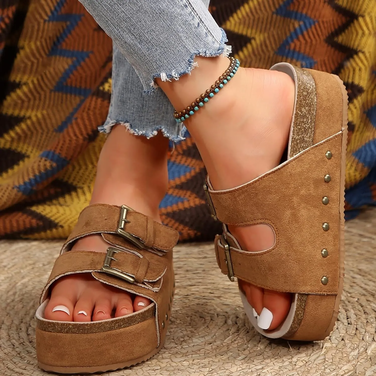 Women's Cork Platform Sandals Comfortable Cork Footbed Studded Flatform Sandals Adjustable Buckle Straps Flat Clogs Slide Sandals