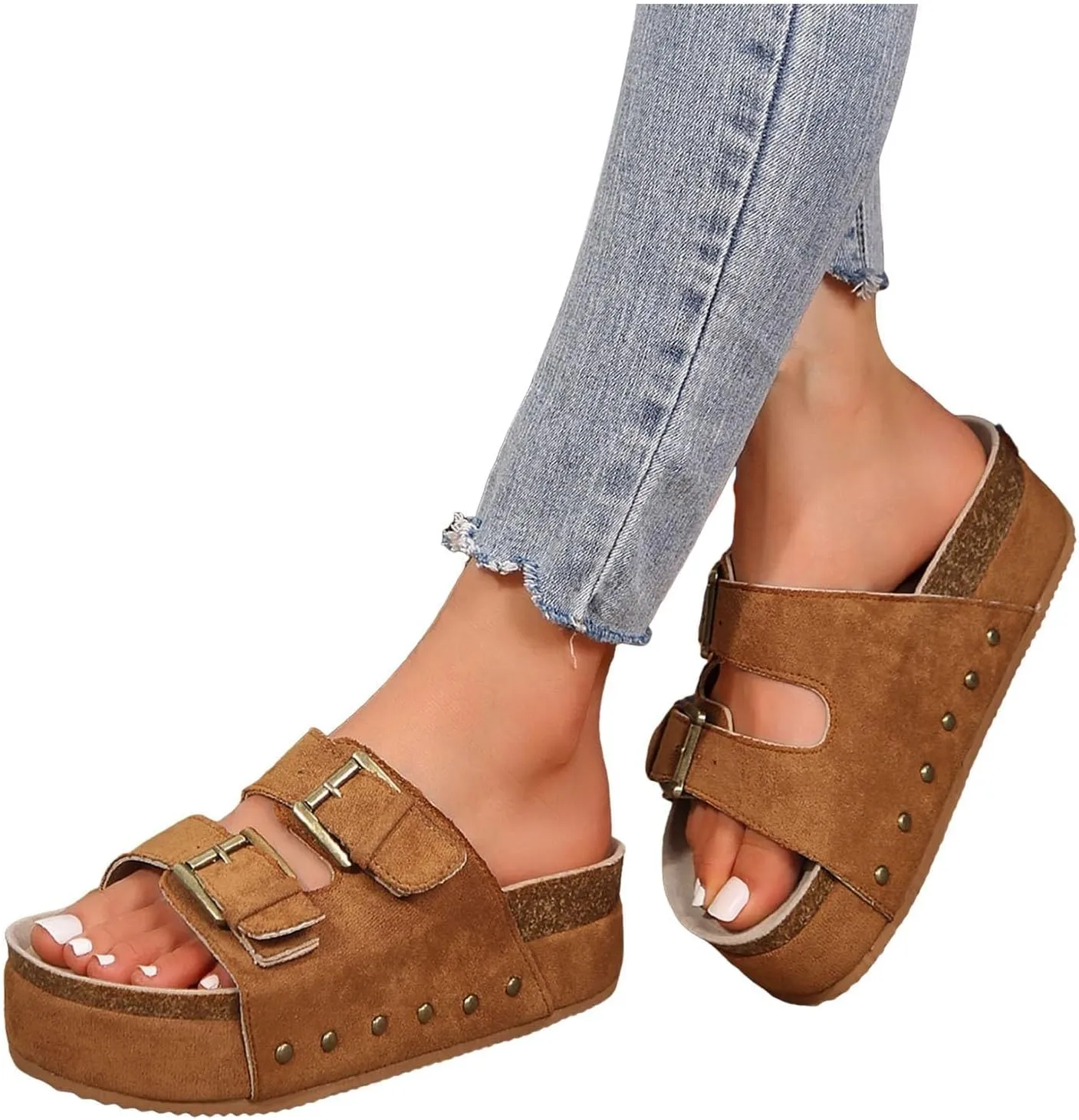 Women's Cork Platform Sandals Comfortable Cork Footbed Studded Flatform Sandals Adjustable Buckle Straps Flat Clogs Slide Sandals