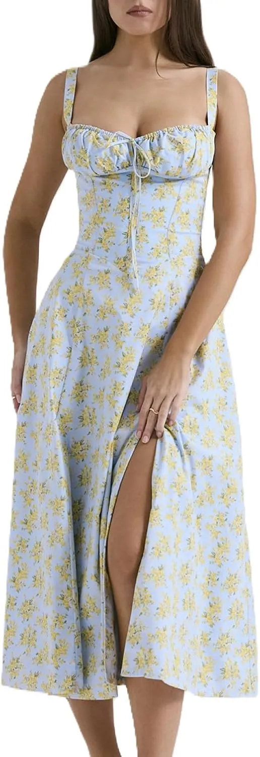 Women's Corset Dresses Floral Print Boho Flowy Slit Dress Midi Beach Casual Sundress Vacation Outfits
