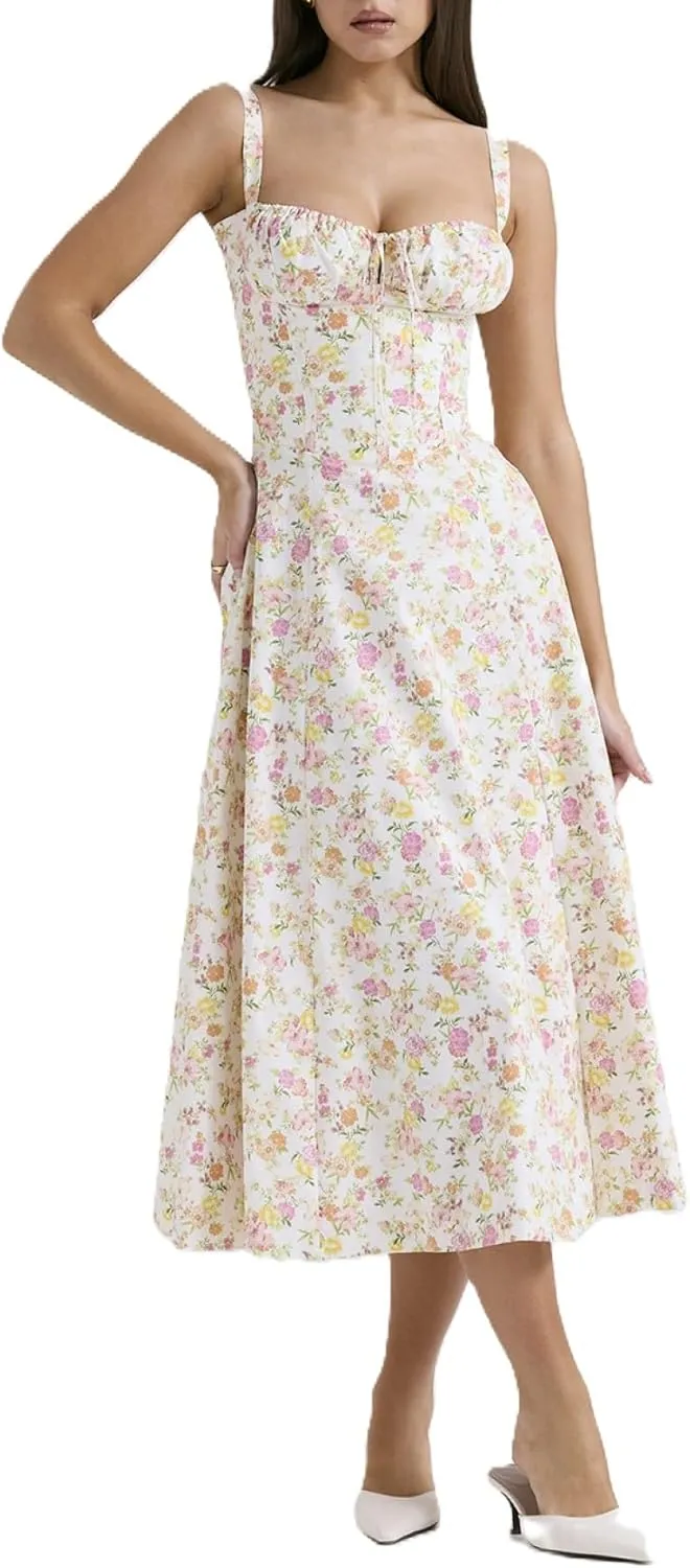 Women's Corset Dresses Floral Print Boho Flowy Slit Dress Midi Beach Casual Sundress Vacation Outfits