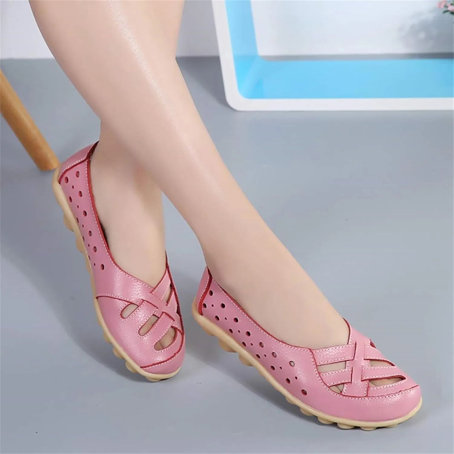 Women's Cowhide Leather Shoes Loafers Flats Sandals Slip-On Cutout Orthopedic Breathable Comfortable Hollow Soft Summer Casual Leather, Loafer Fashion Slip On Walking Round Toe Nurse Driving Shoes