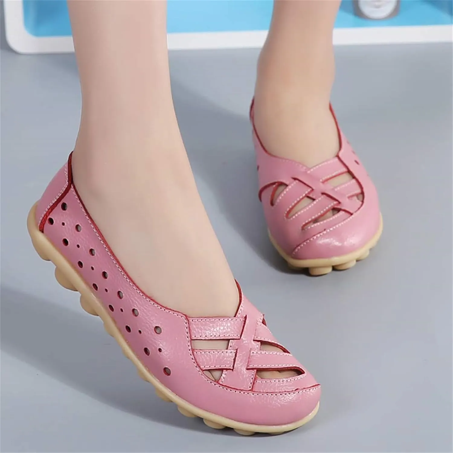 Women's Cowhide Leather Shoes Loafers Flats Sandals Slip-On Cutout Orthopedic Breathable Comfortable Hollow Soft Summer Casual Leather, Loafer Fashion Slip On Walking Round Toe Nurse Driving Shoes