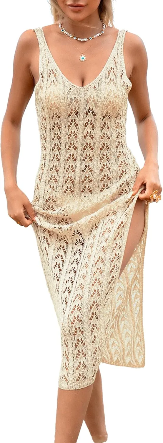 Womens Crochet Knit Beach Dresses 2025 Summer Outfits Backless V Neck Side Slit Bathing Suit Cover Up Midi Dress