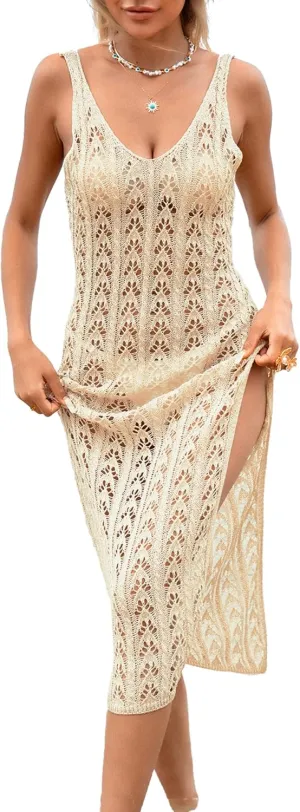 Womens Crochet Knit Beach Dresses 2025 Summer Outfits Backless V Neck Side Slit Bathing Suit Cover Up Midi Dress