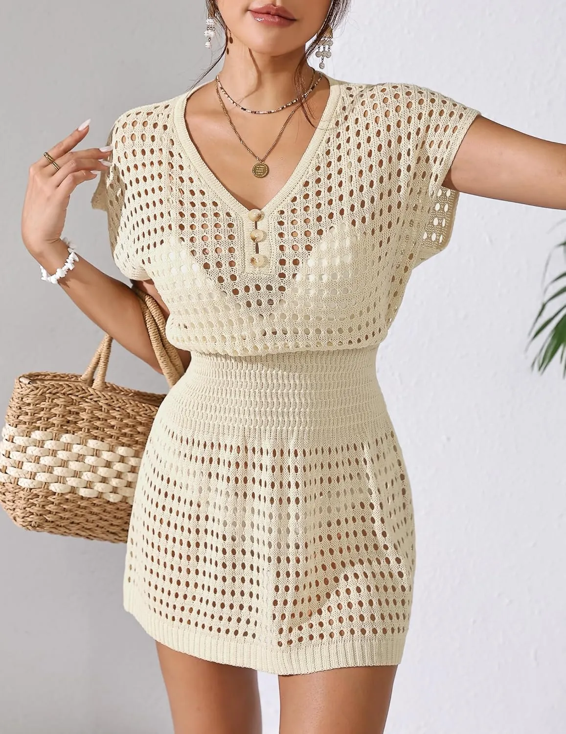 Womens Crochet Knit Cinched Waist Beach Coverup Dress Summer 2025 V Neck Button Cap Sleeve Bathing Suit Cover Up