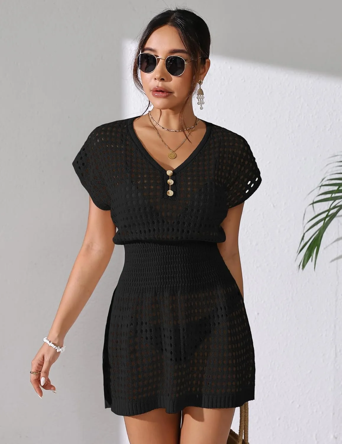Womens Crochet Knit Cinched Waist Beach Coverup Dress Summer 2025 V Neck Button Cap Sleeve Bathing Suit Cover Up