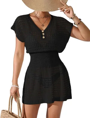 Womens Crochet Knit Cinched Waist Beach Coverup Dress Summer 2025 V Neck Button Cap Sleeve Bathing Suit Cover Up