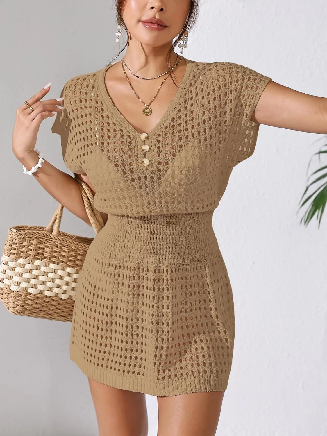 Womens Crochet Knit Cinched Waist Beach Coverup Dress Summer 2025 V Neck Button Cap Sleeve Bathing Suit Cover Up