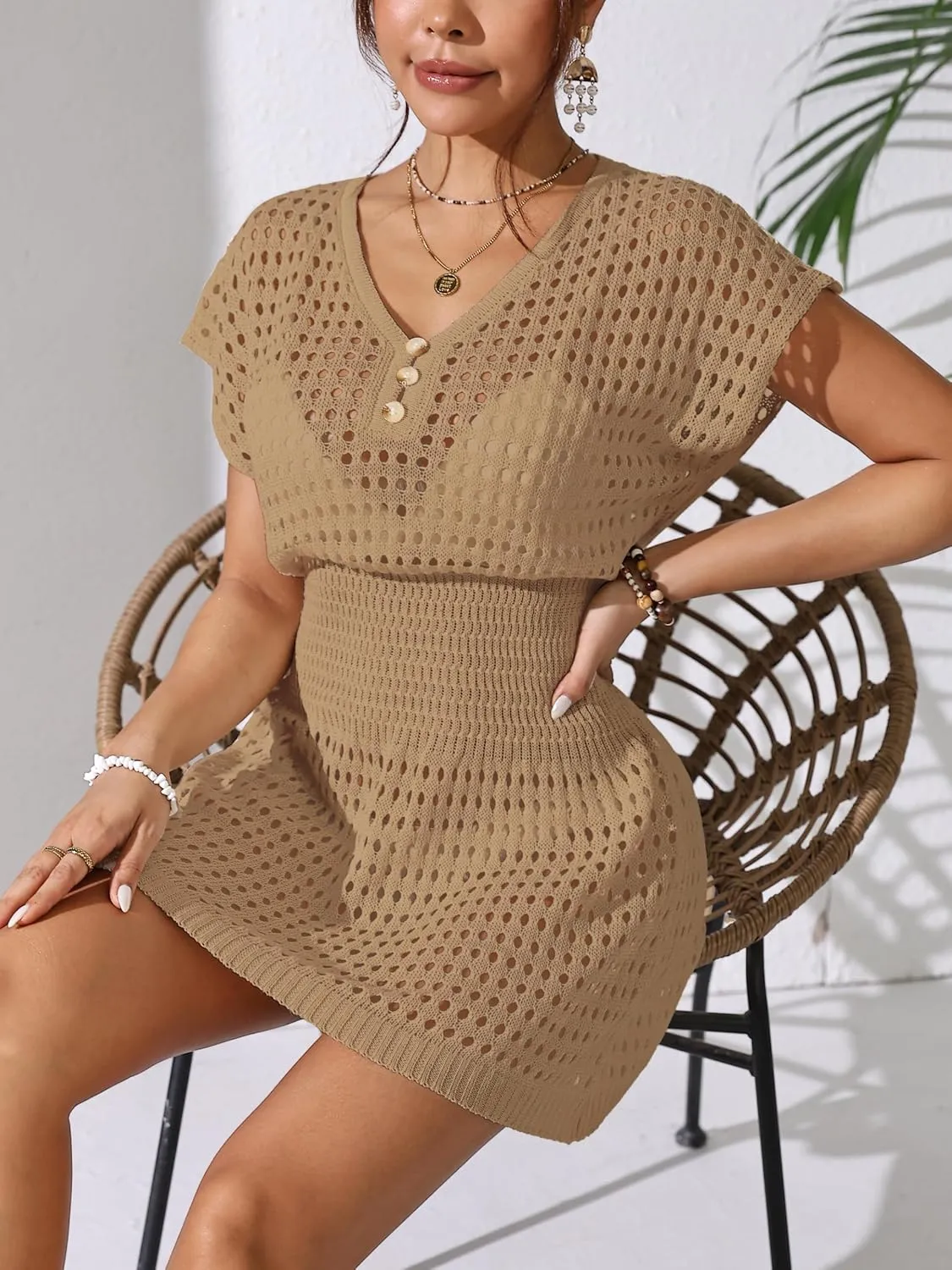Womens Crochet Knit Cinched Waist Beach Coverup Dress Summer 2025 V Neck Button Cap Sleeve Bathing Suit Cover Up