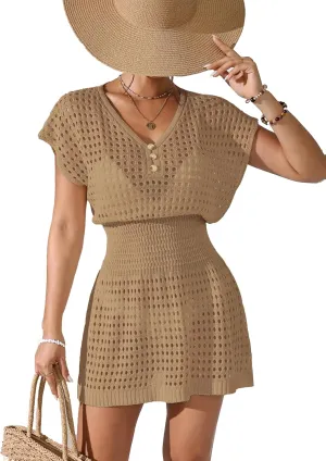 Womens Crochet Knit Cinched Waist Beach Coverup Dress Summer 2025 V Neck Button Cap Sleeve Bathing Suit Cover Up
