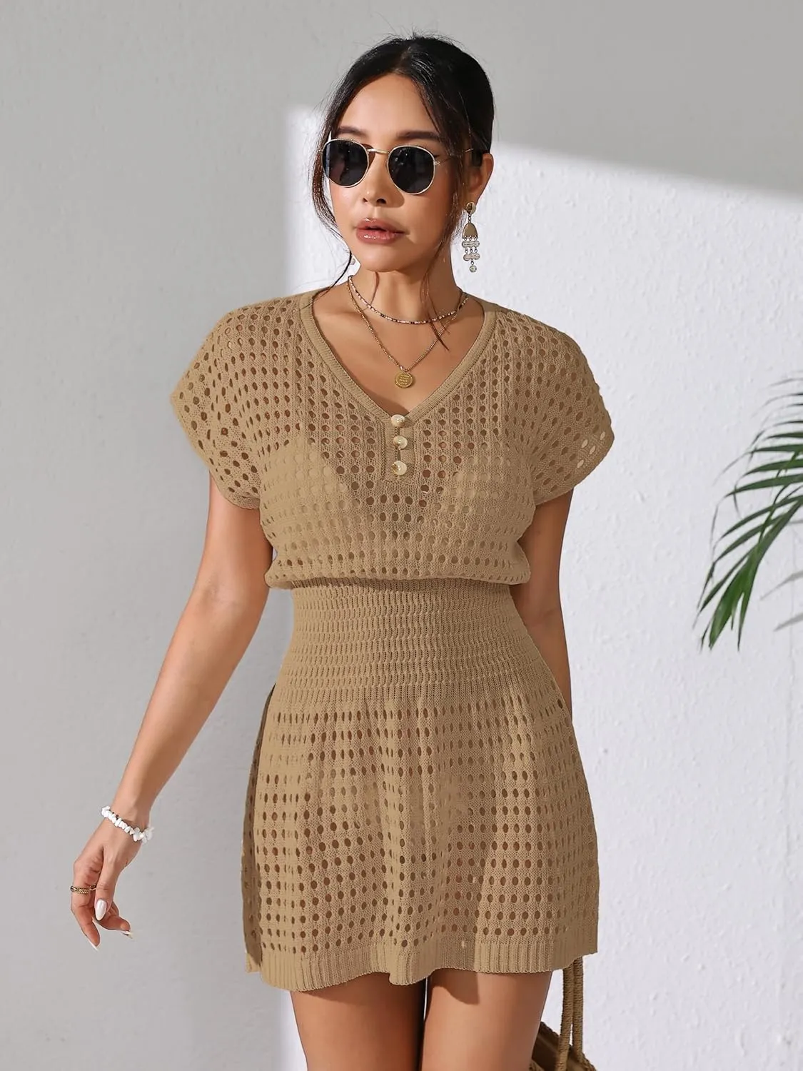 Womens Crochet Knit Cinched Waist Beach Coverup Dress Summer 2025 V Neck Button Cap Sleeve Bathing Suit Cover Up
