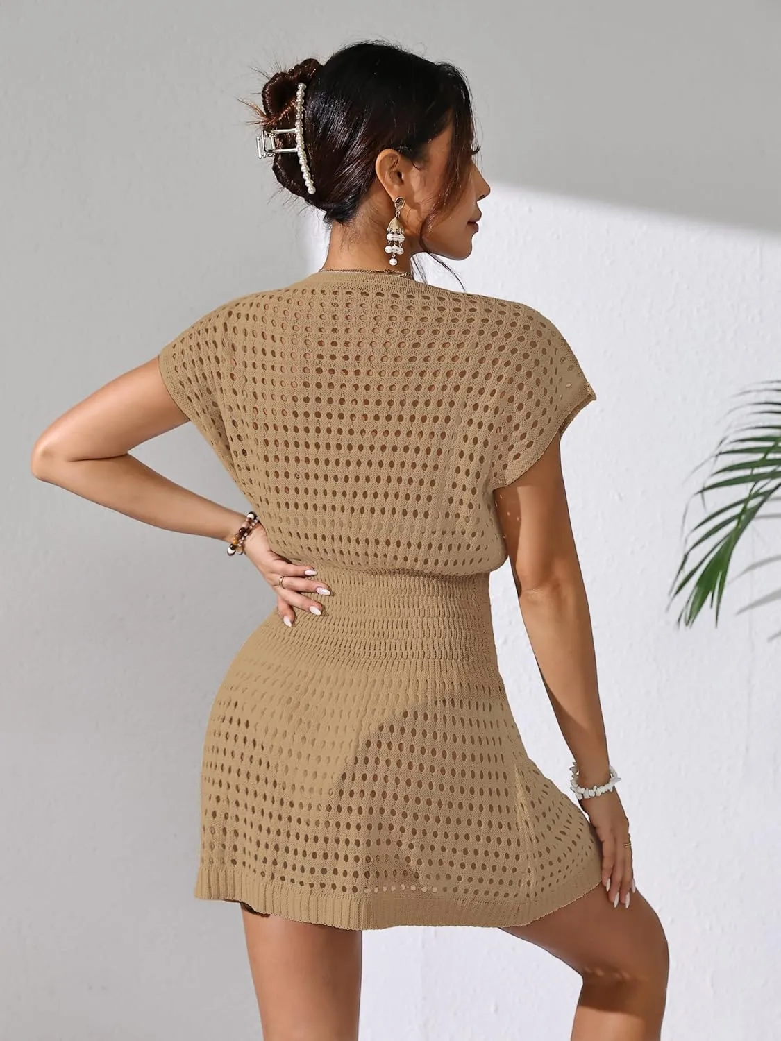 Womens Crochet Knit Cinched Waist Beach Coverup Dress Summer 2025 V Neck Button Cap Sleeve Bathing Suit Cover Up