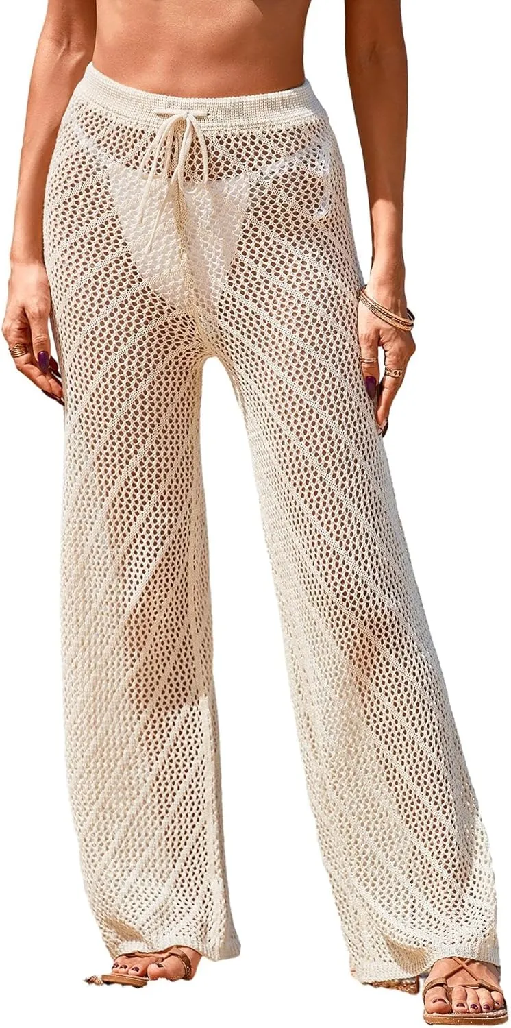 Womens Crochet Knit Elastic Waist Swimsuit Coverup Summer 2025 Striped Beach Bathing Suit Cover Up Pants