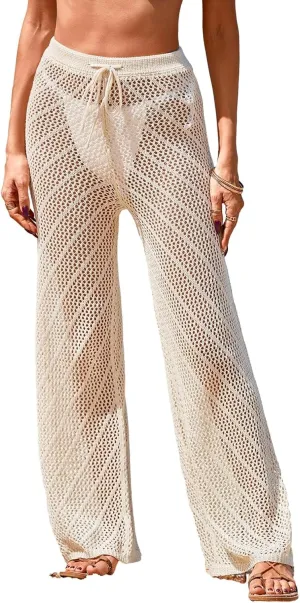 Womens Crochet Knit Elastic Waist Swimsuit Coverup Summer 2025 Striped Beach Bathing Suit Cover Up Pants