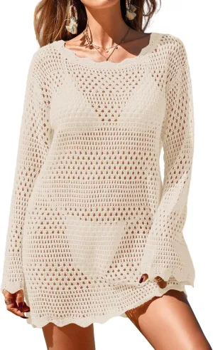 Womens Crochet Knit Swimsuit Coverup Mini Dress Summer 2025 Boat Neck Wavy Trim Beach Bathing Suit Cover Up