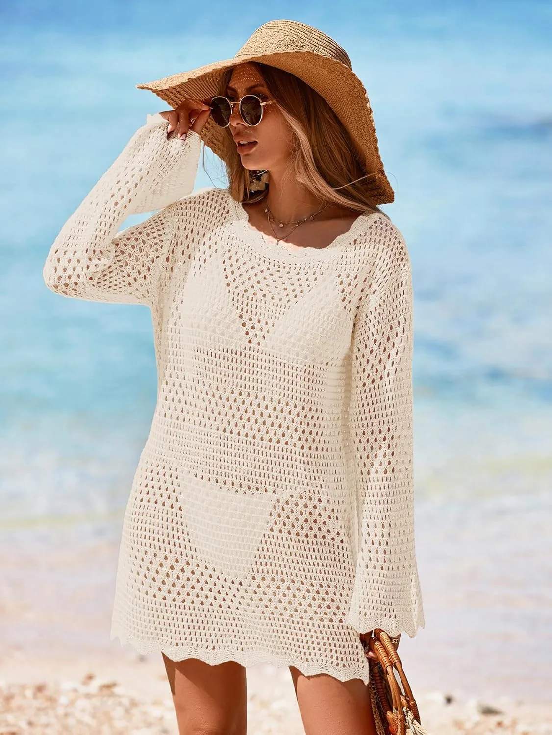 Womens Crochet Knit Swimsuit Coverup Mini Dress Summer 2025 Boat Neck Wavy Trim Beach Bathing Suit Cover Up