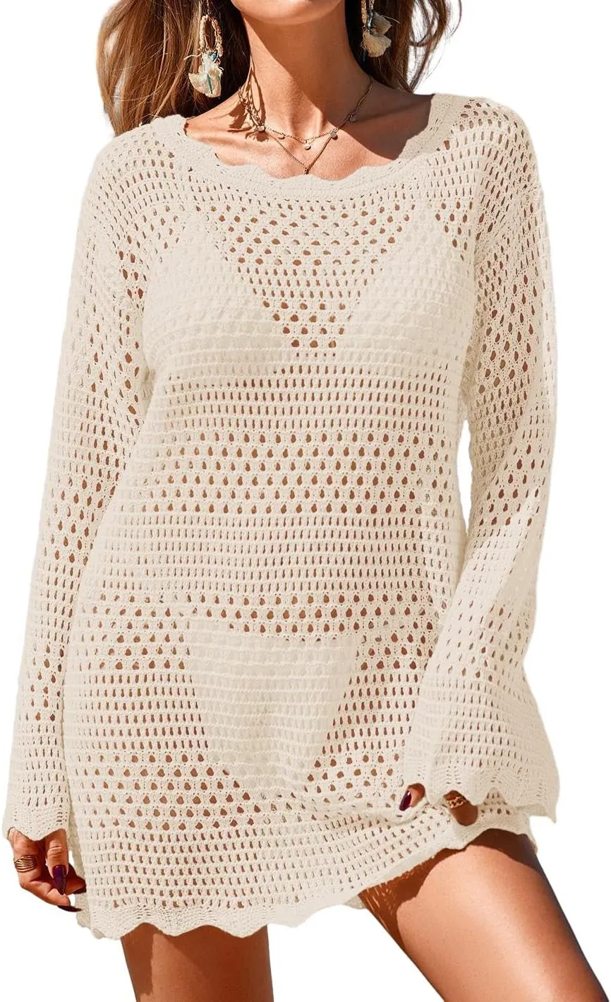 Womens Crochet Knit Swimsuit Coverup Mini Dress Summer 2025 Boat Neck Wavy Trim Beach Bathing Suit Cover Up