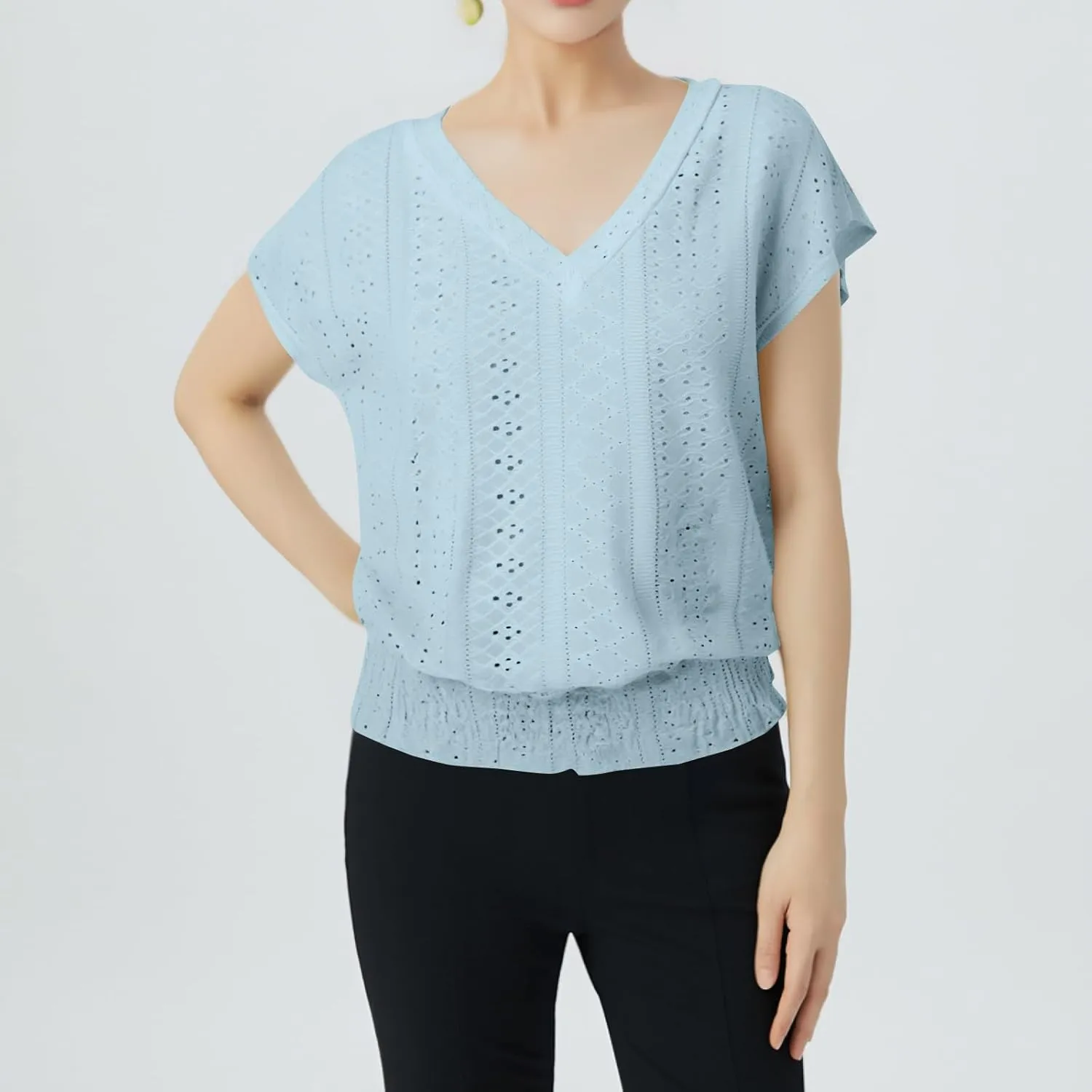 Womens Eyelet Tops Cute Hollow Out Embroidered Blouses Summer Smocked Elastic Hem Shirts Date Outfits