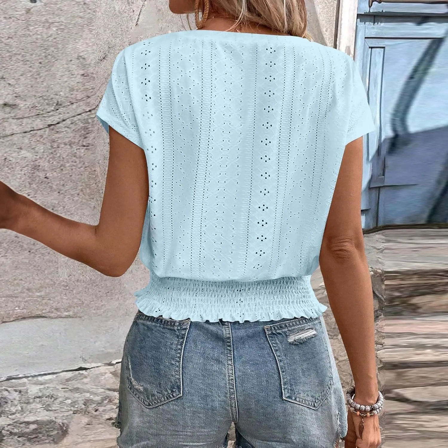 Womens Eyelet Tops Cute Hollow Out Embroidered Blouses Summer Smocked Elastic Hem Shirts Date Outfits