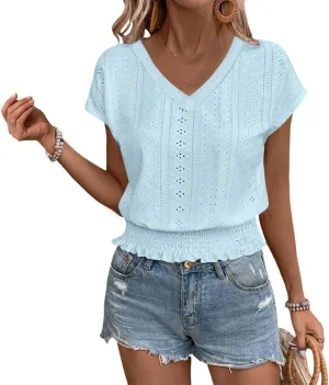 Womens Eyelet Tops Cute Hollow Out Embroidered Blouses Summer Smocked Elastic Hem Shirts Date Outfits