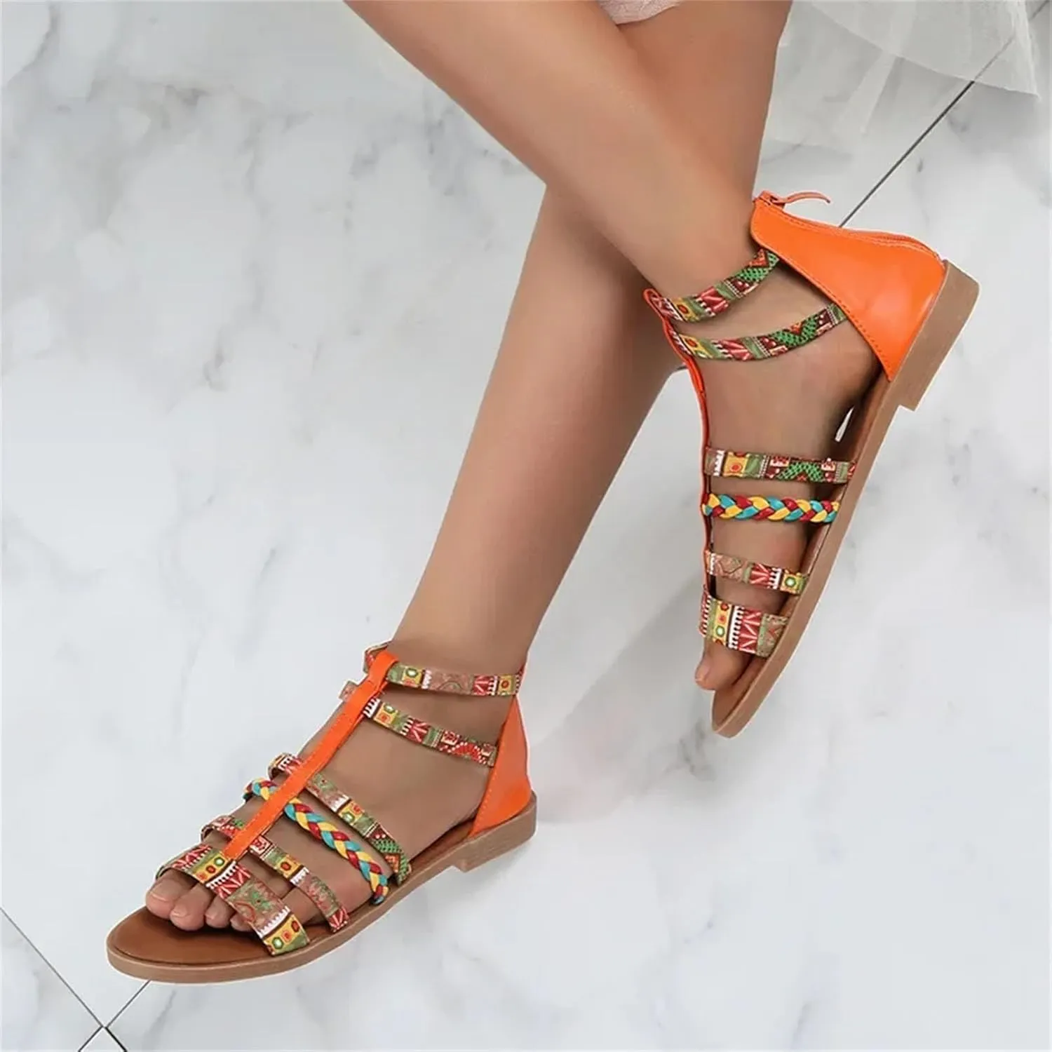 Women's Fastener Strap Sandals - Geometric Pattern Flat Summer Leisure Shoes