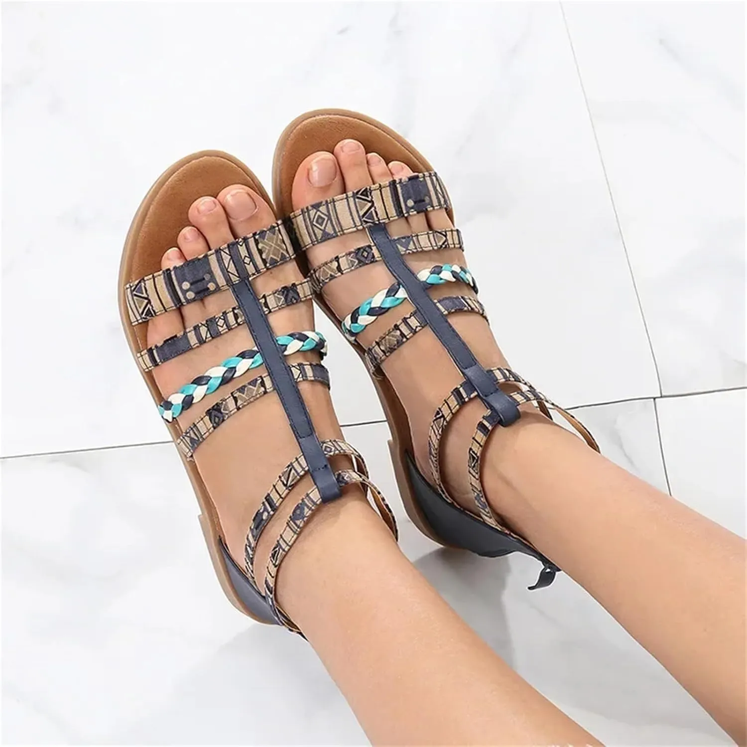 Women's Fastener Strap Sandals - Geometric Pattern Flat Summer Leisure Shoes