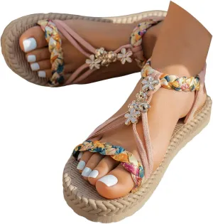 Womens Flat Sandals Ankle Strap Boho Sandals for Women 2025 Dressy Slip on Comfortable Bohemian Beaded Summer Thong Flats