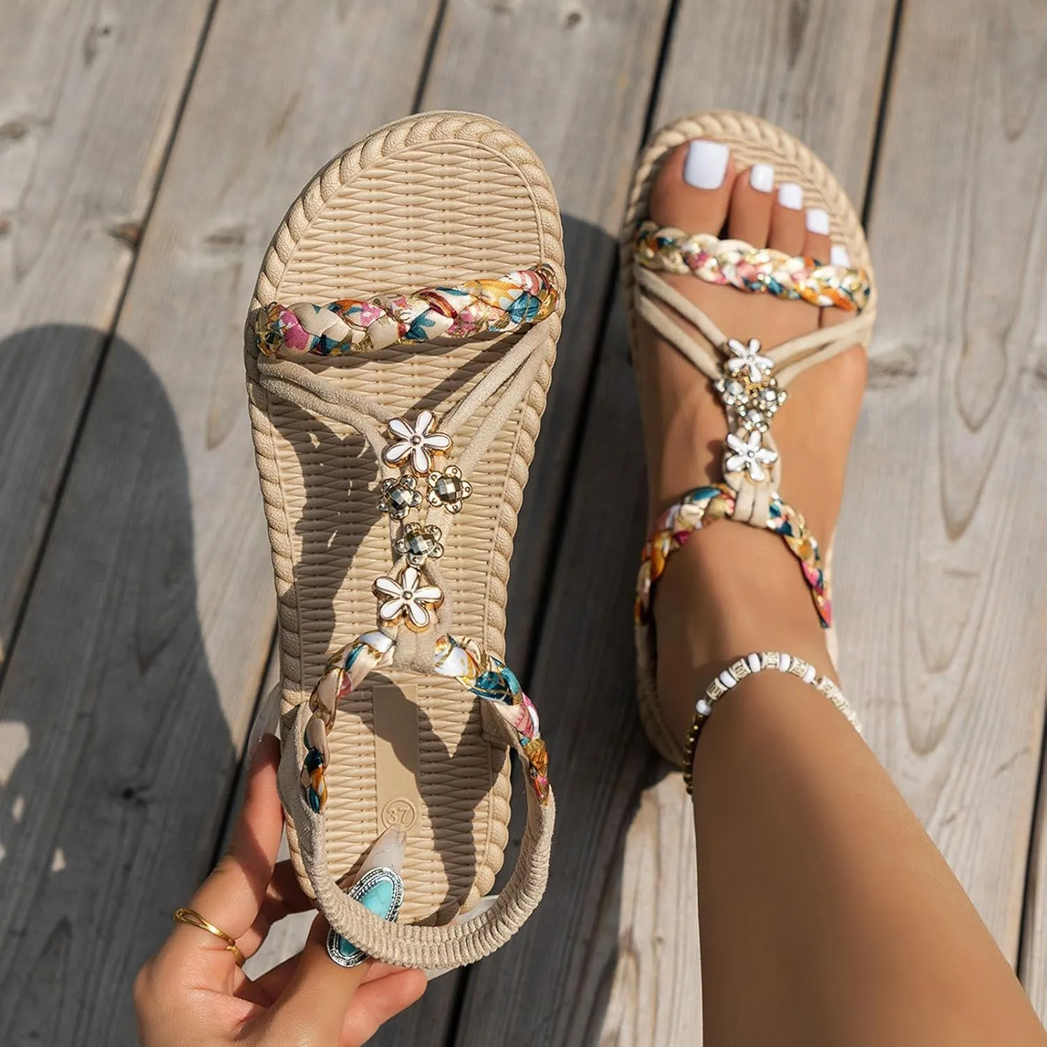Womens Flat Sandals Ankle Strap Boho Sandals for Women 2025 Dressy Slip on Comfortable Bohemian Beaded Summer Thong Flats