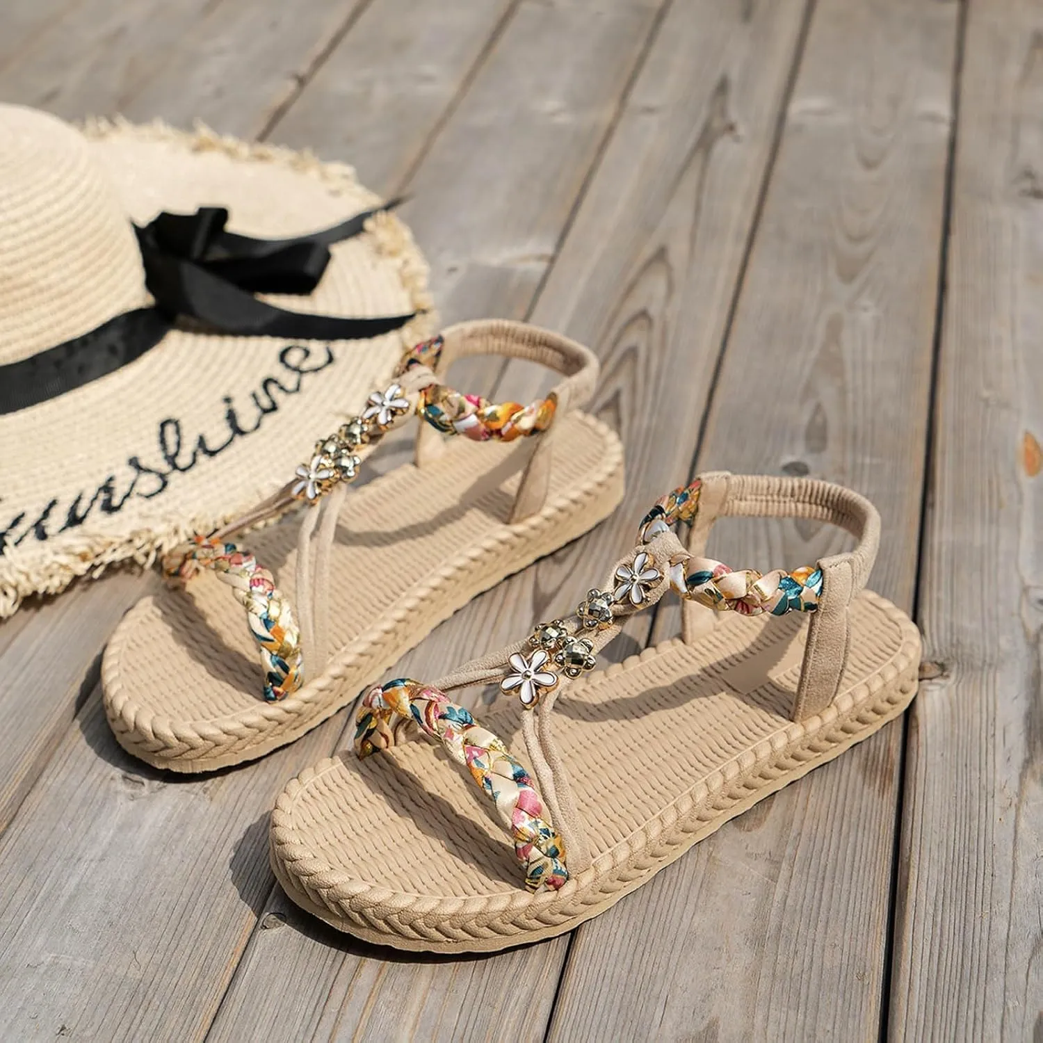Womens Flat Sandals Ankle Strap Boho Sandals for Women 2025 Dressy Slip on Comfortable Bohemian Beaded Summer Thong Flats