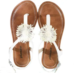 Women's Flat Sandals Soft Leather Dressy Shoes T-Strap Thongs Cute White Flower Decor Comfortable Walking Sandals Holiday Summer Beach Shoes for Woman Ladies