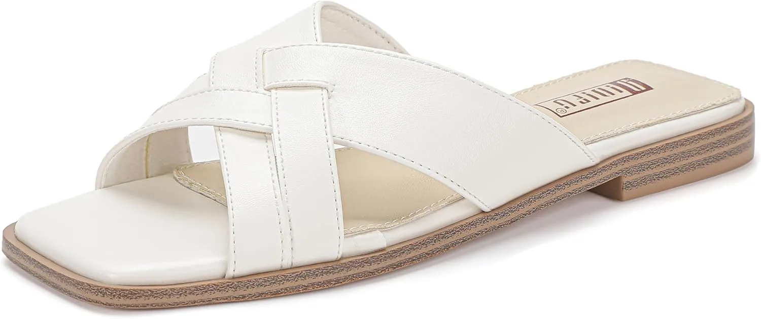 Women's Flat Sandals Strappy Slip On Open Square Toe Cross Strap Comfortable Summer Dressy Cute Ladies Casual Trendy Fancy Beach Shoes Dress Slide Sandals