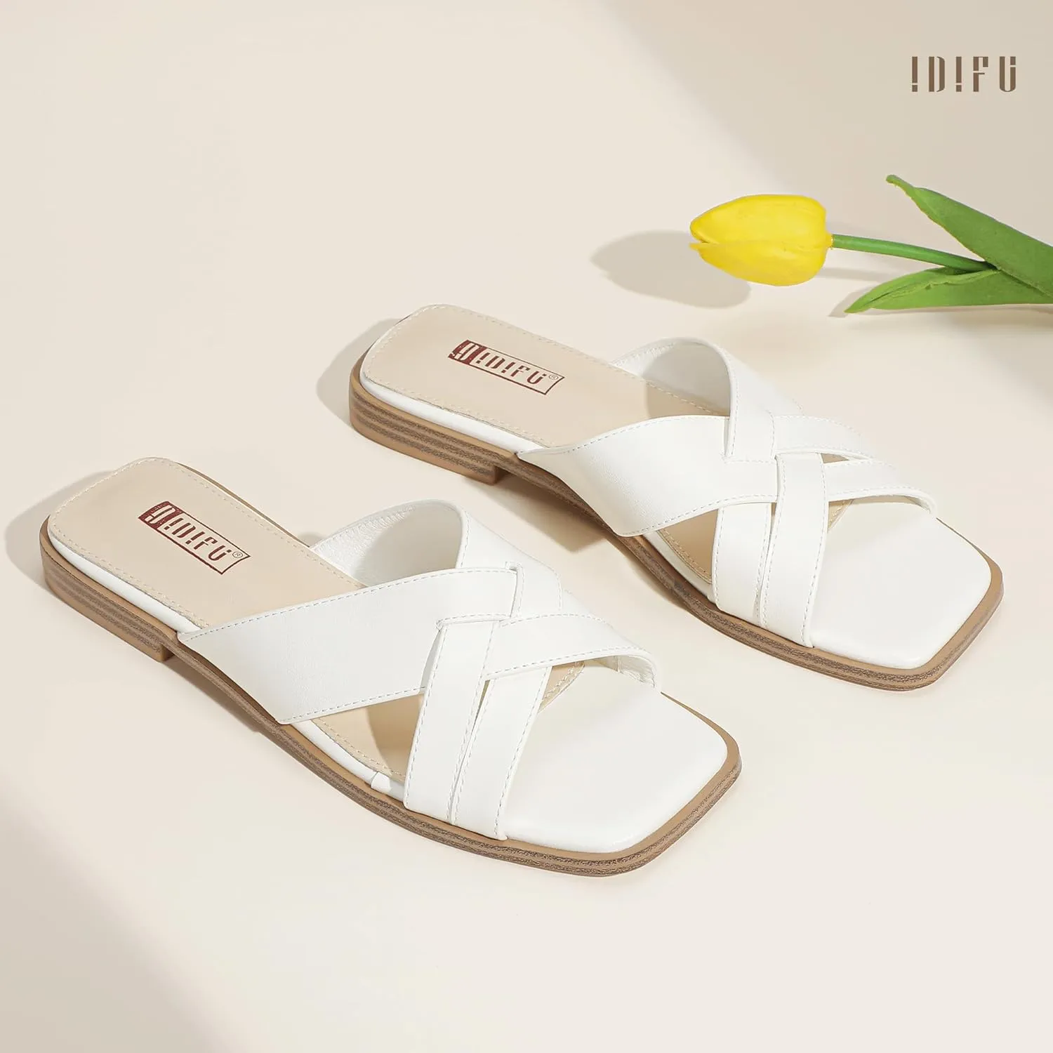 Women's Flat Sandals Strappy Slip On Open Square Toe Cross Strap Comfortable Summer Dressy Cute Ladies Casual Trendy Fancy Beach Shoes Dress Slide Sandals
