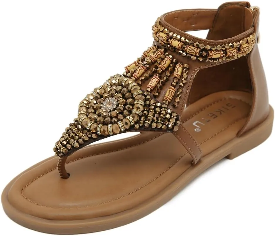 Women's Flat Sandals with Bohemian Beaded Dressy Casual Summer Flats Shoes Open Toe Zipper Thong Sandals
