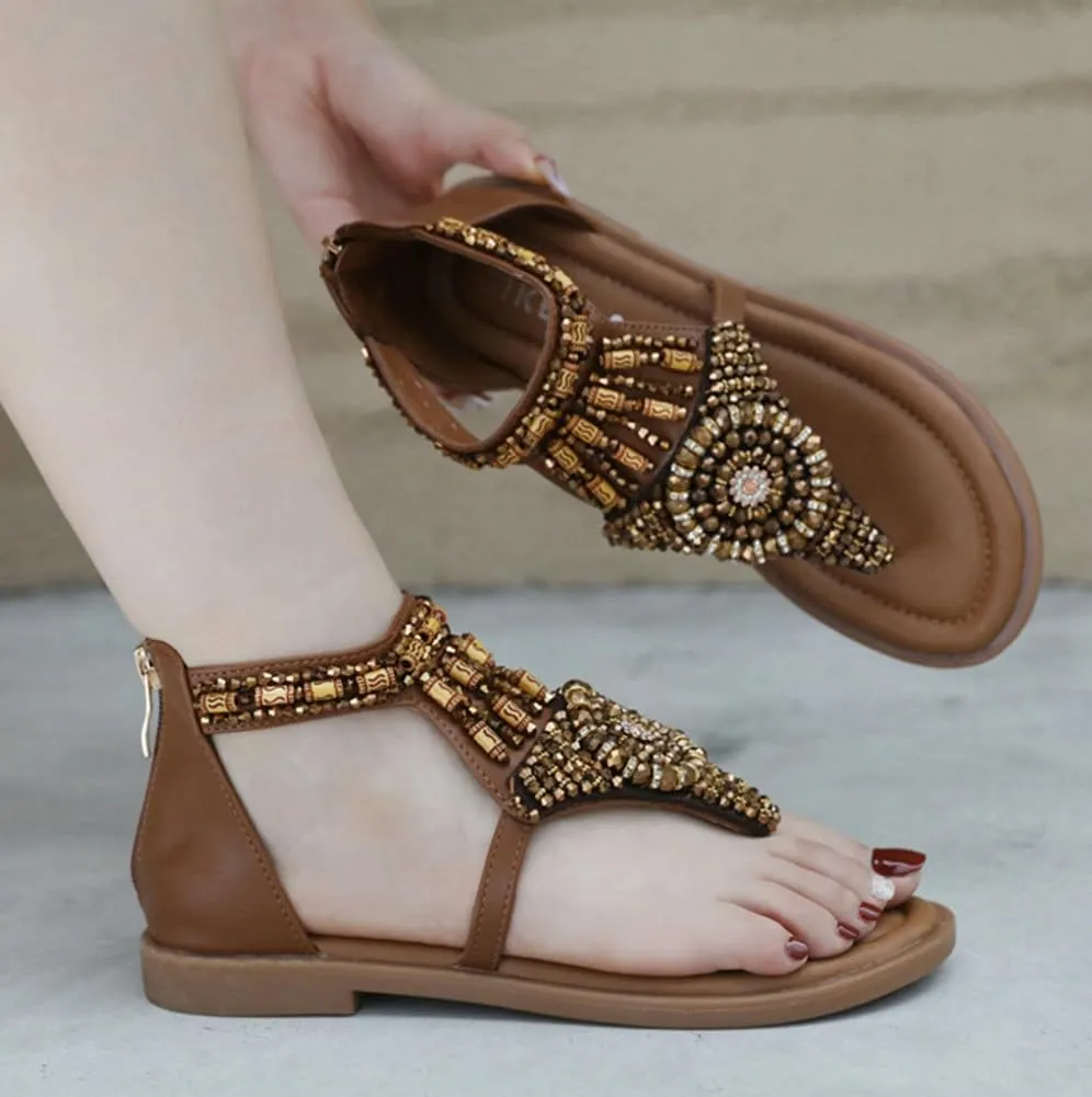 Women's Flat Sandals with Bohemian Beaded Dressy Casual Summer Flats Shoes Open Toe Zipper Thong Sandals