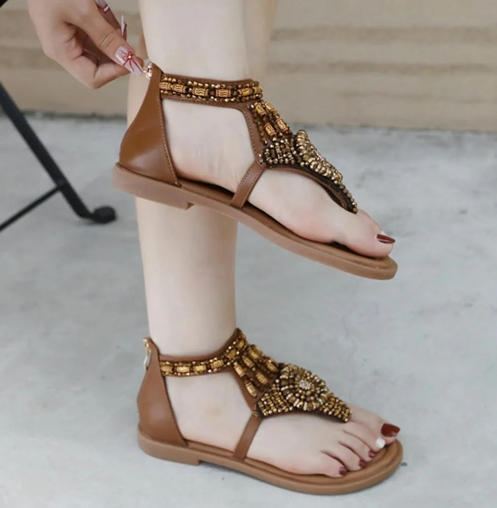 Women's Flat Sandals with Bohemian Beaded Dressy Casual Summer Flats Shoes Open Toe Zipper Thong Sandals