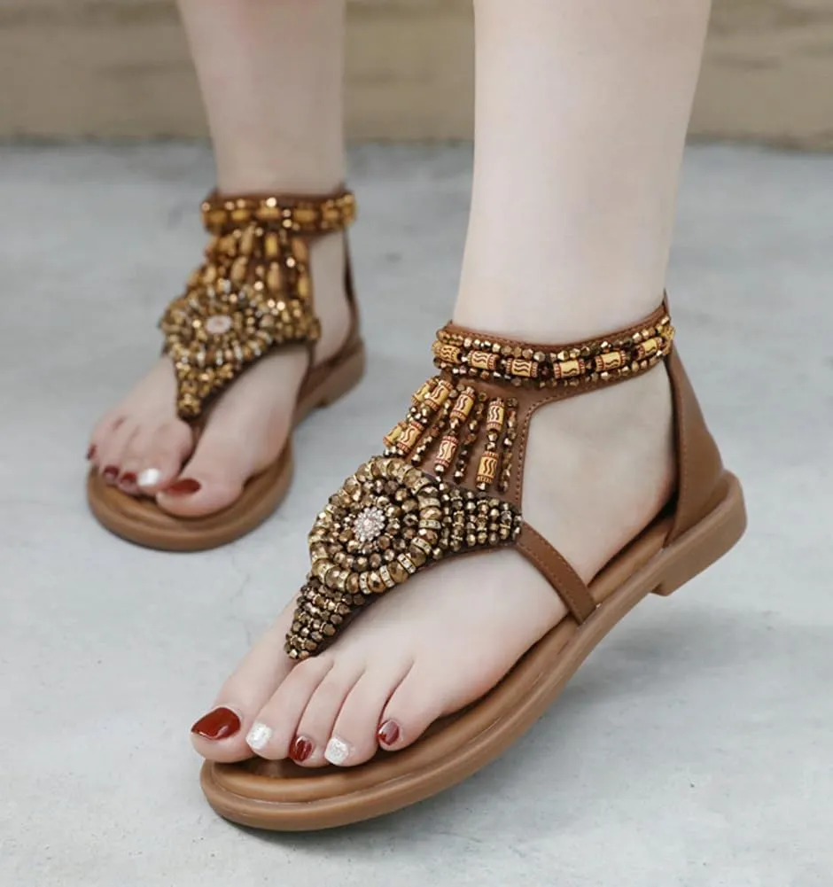 Women's Flat Sandals with Bohemian Beaded Dressy Casual Summer Flats Shoes Open Toe Zipper Thong Sandals