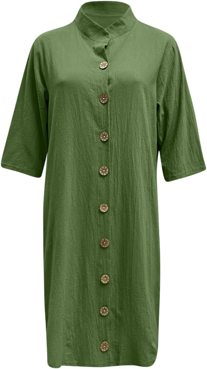 Womens Half Sleeve Cotton Linen Midi Shirt Dress Button Down Lapel Casual Summer Dress Beach Knee Length Cute Dresses