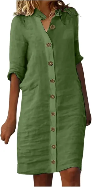 Womens Half Sleeve Cotton Linen Midi Shirt Dress Button Down Lapel Casual Summer Dress Beach Knee Length Cute Dresses