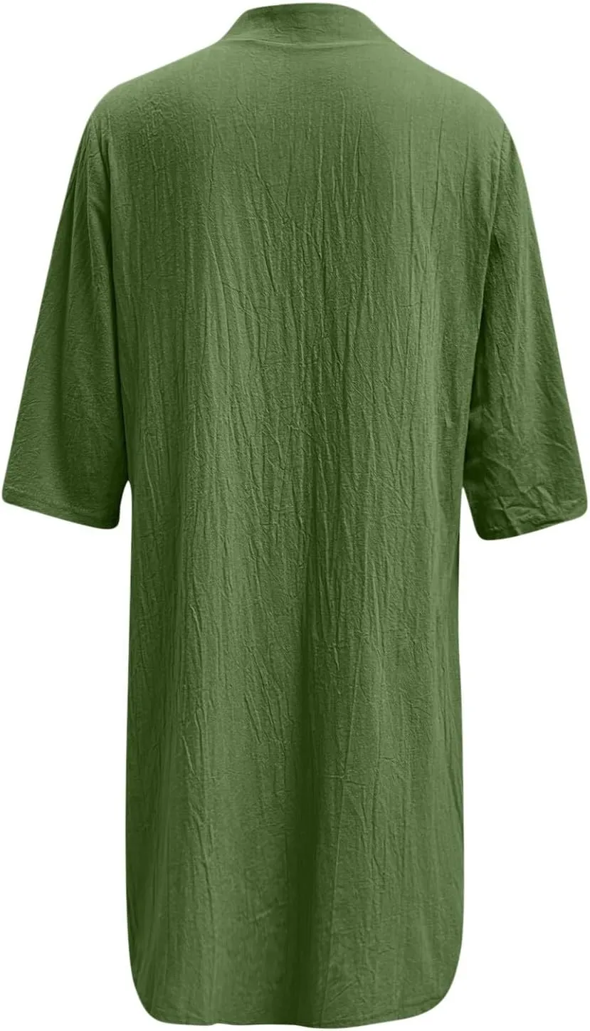 Womens Half Sleeve Cotton Linen Midi Shirt Dress Button Down Lapel Casual Summer Dress Beach Knee Length Cute Dresses